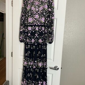 Black Maxi Dress with Lavender Floral Embroidery